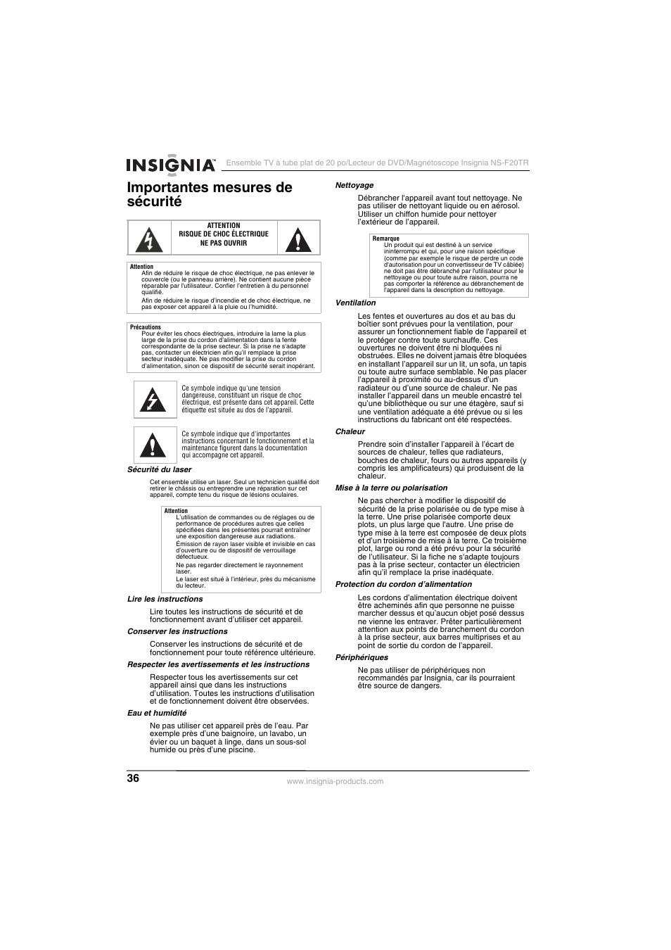 Importantes mesures de sécurité | Insignia NS-F20TR User Manual | Page 36 / 112