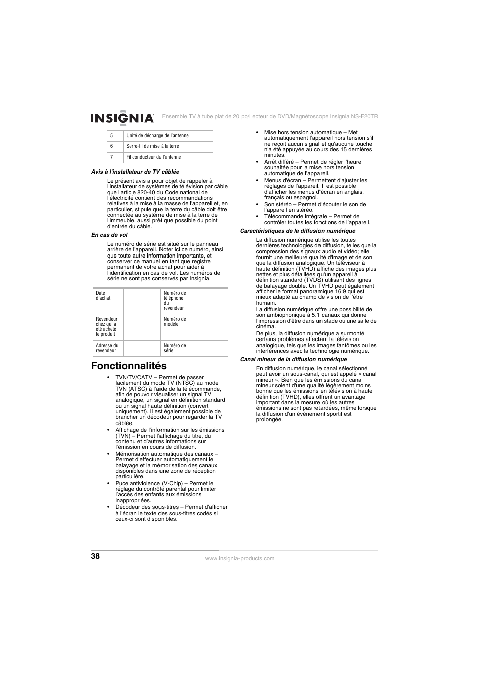 Fonctionnalités | Insignia NS-F20TR User Manual | Page 38 / 112