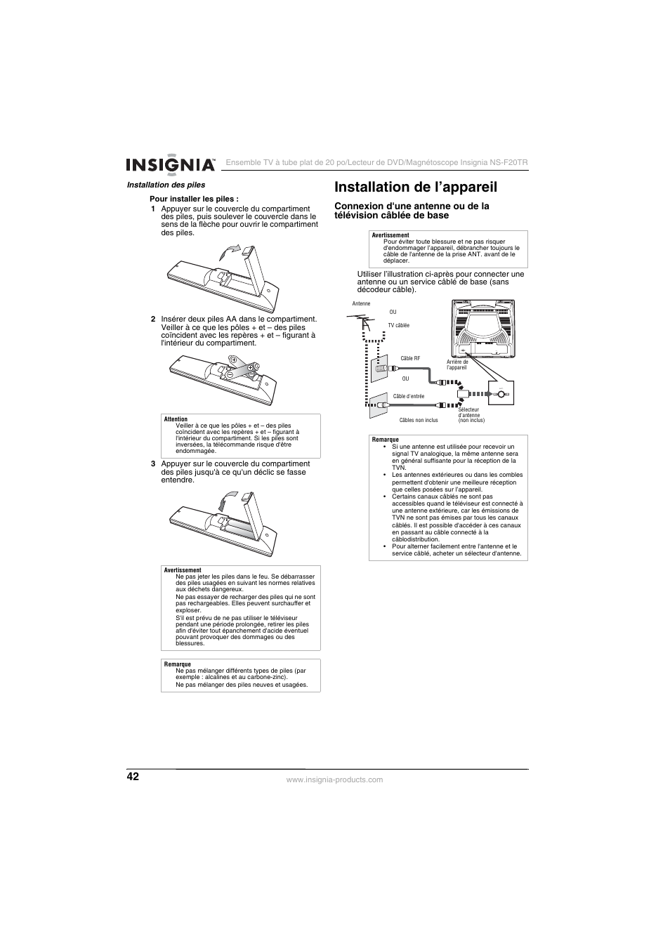 Installation de l’appareil, Ant. audio out coaxial | Insignia NS-F20TR User Manual | Page 42 / 112