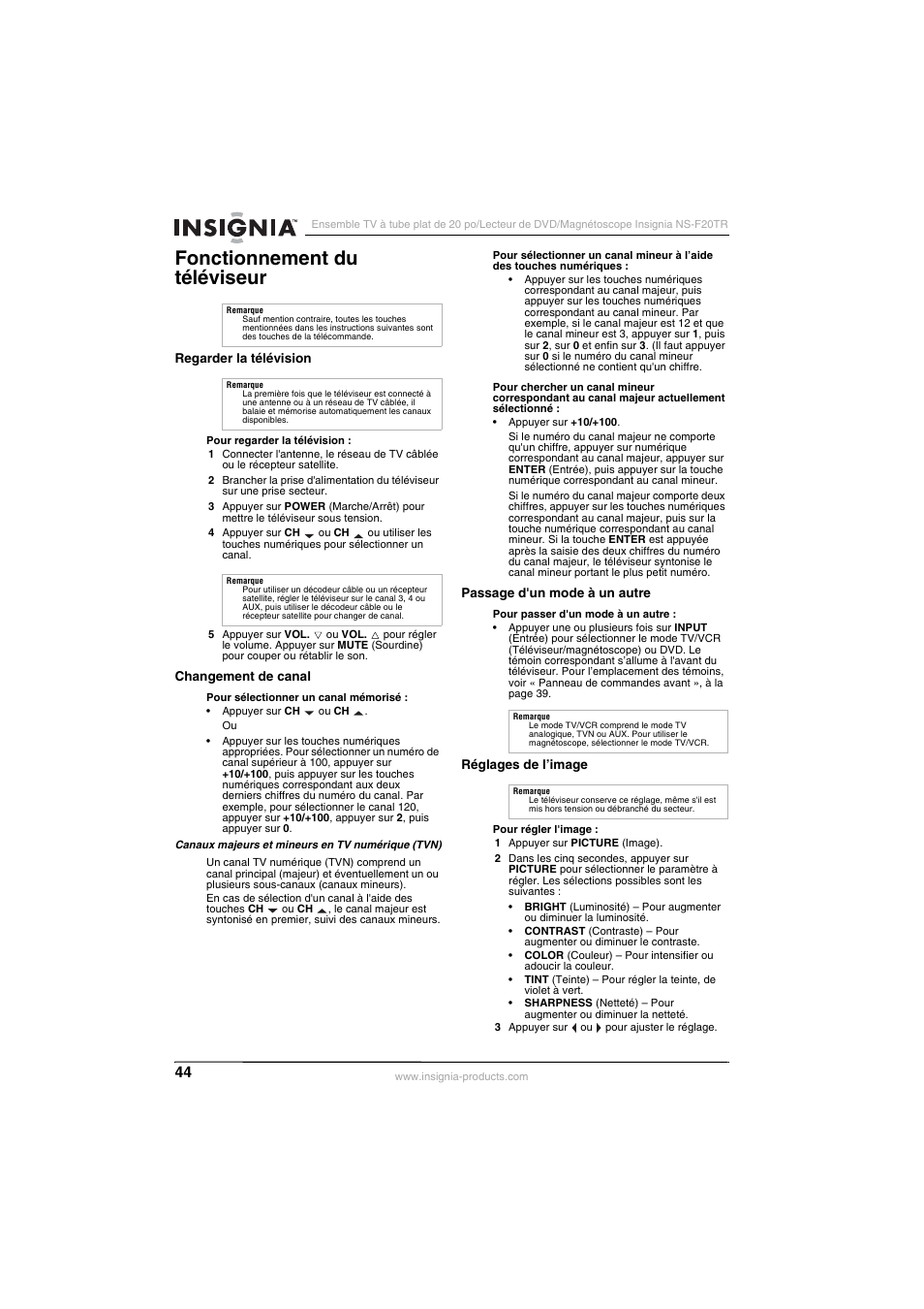 Fonctionnement du téléviseur | Insignia NS-F20TR User Manual | Page 44 / 112