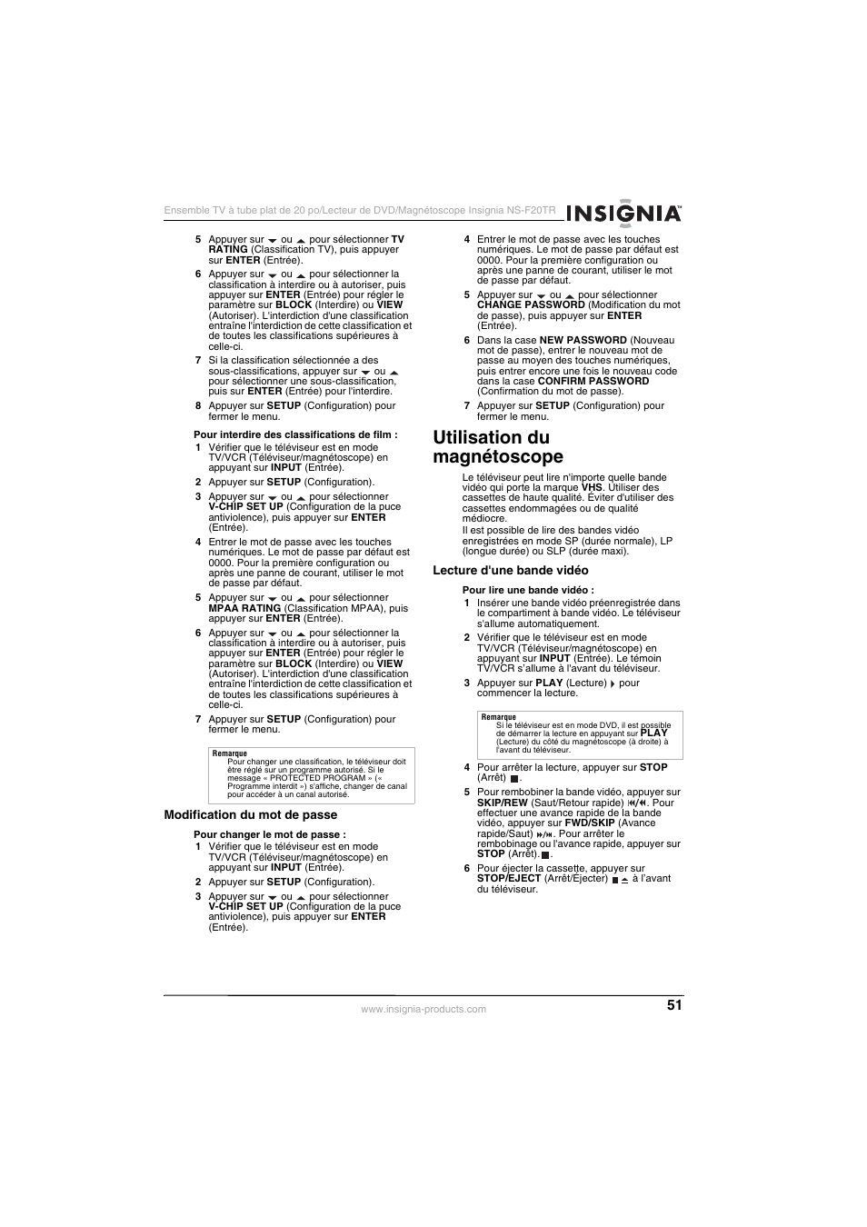 Utilisation du magnétoscope | Insignia NS-F20TR User Manual | Page 51 / 112