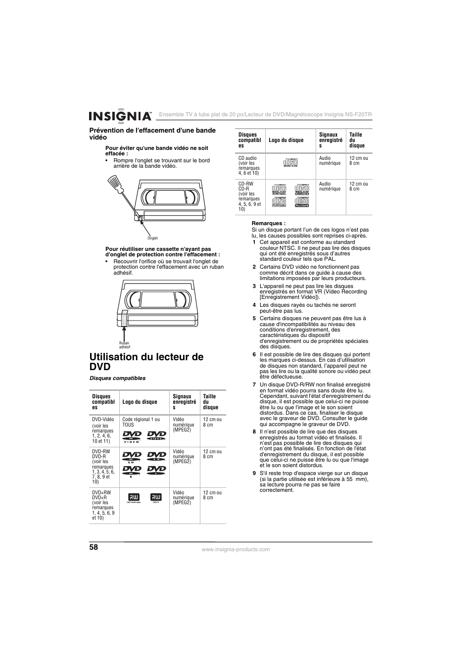 Utilisation du lecteur de dvd | Insignia NS-F20TR User Manual | Page 58 / 112