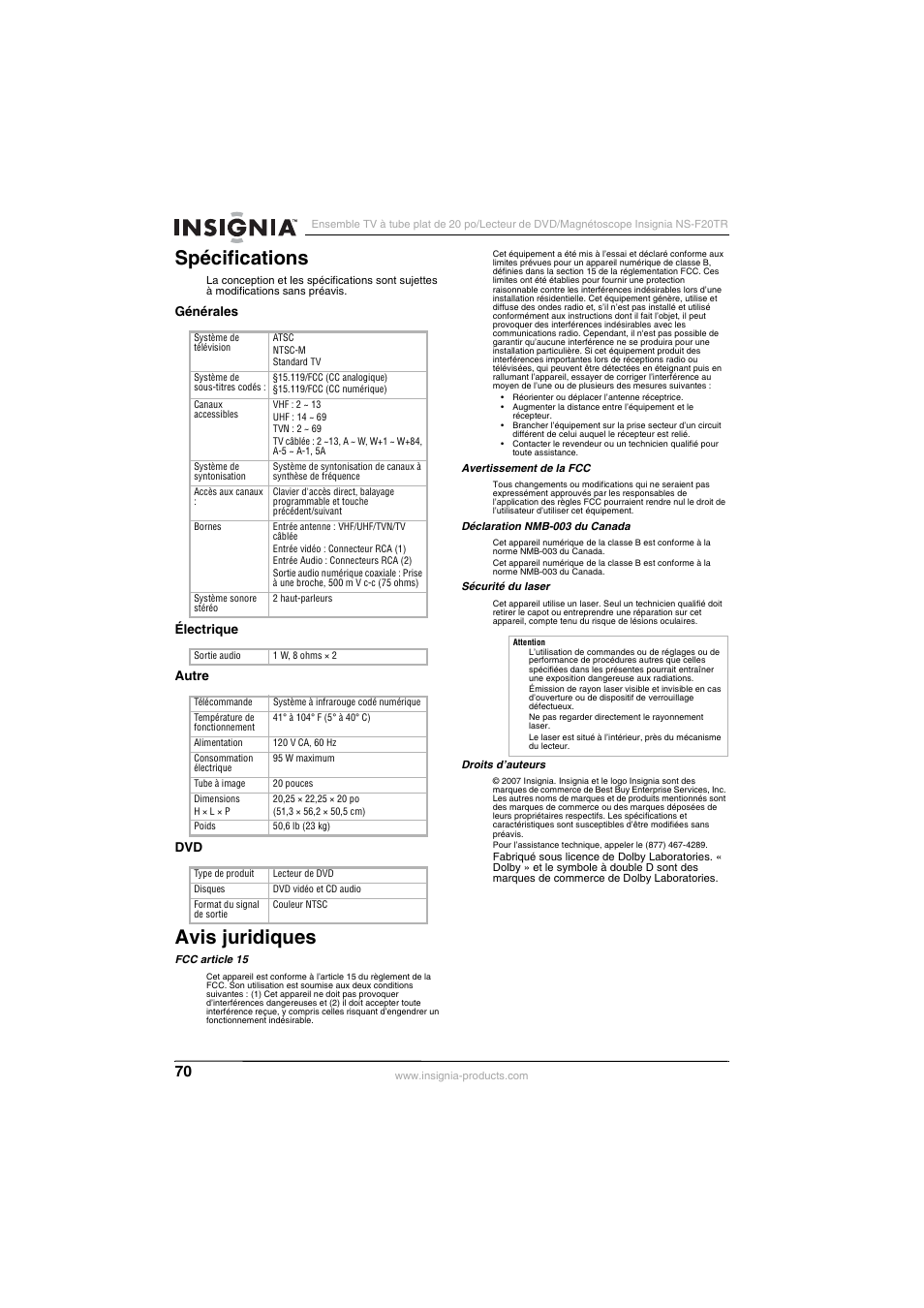Spécifications, Avis juridiques | Insignia NS-F20TR User Manual | Page 70 / 112