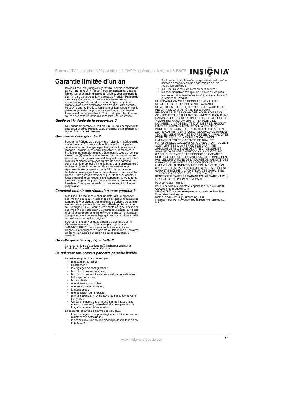 Garantie limitée d’un an | Insignia NS-F20TR User Manual | Page 71 / 112