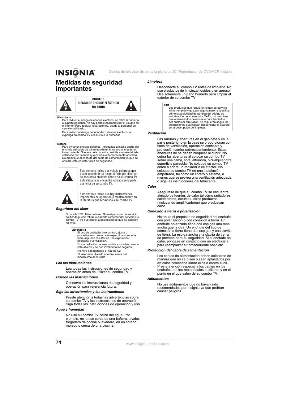 Medidas de seguridad importantes | Insignia NS-F20TR User Manual | Page 74 / 112
