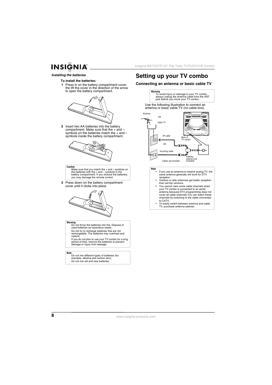 Setting up your tv combo, Ant. audio out coaxial, Connecting an antenna or basic cable tv | Insignia NS-F20TR User Manual | Page 8 / 112