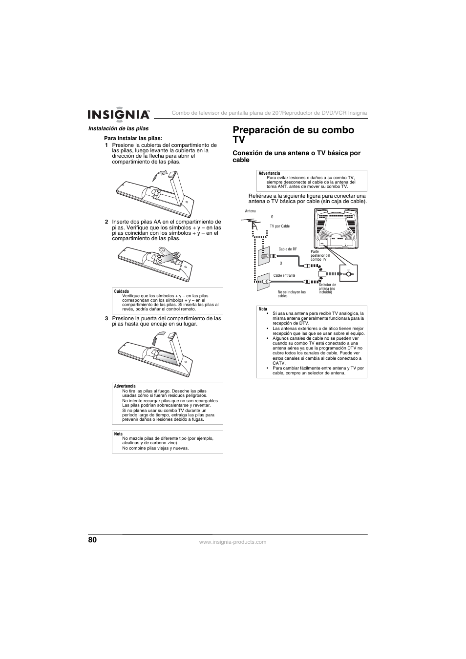 Preparación de su combo tv, Ant. audio out coaxial, Conexión de una antena o tv básica por cable | Insignia NS-F20TR User Manual | Page 80 / 112