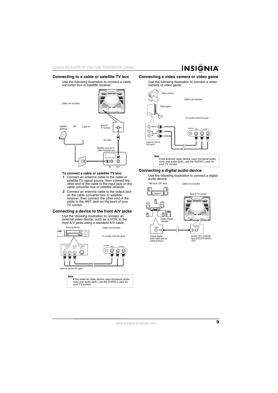 Ant. audio out coaxial, Connecting to a cable or satellite tv box, Connecting a device to the front a/v jacks | Connecting a video camera or video game, Connecting a digital audio device | Insignia NS-F20TR User Manual | Page 9 / 112