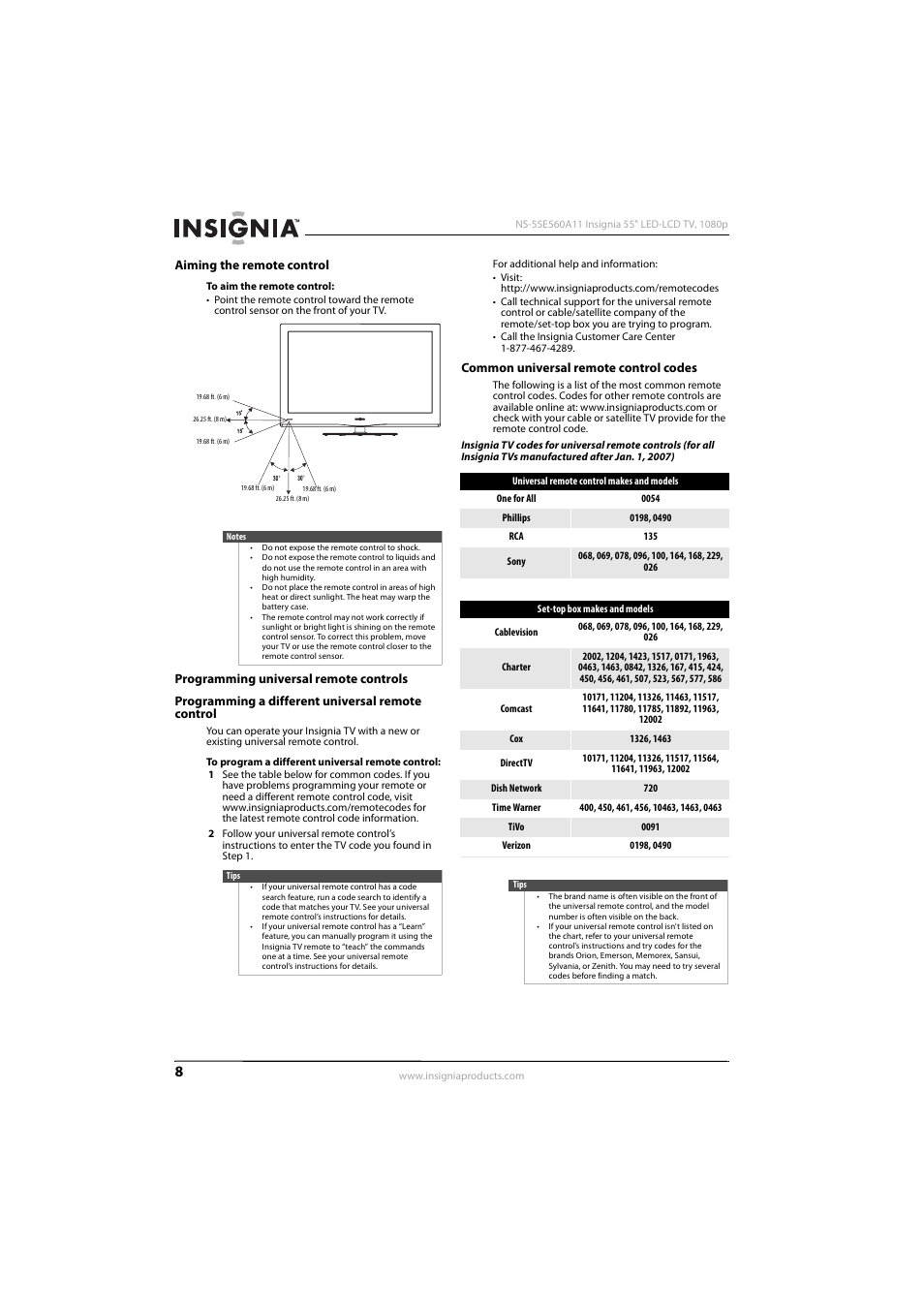 Aiming the remote control, Programming universal remote controls, Programming a different universal remote control | Common universal remote control codes | Insignia NS-55E560A11 User Manual | Page 12 / 36
