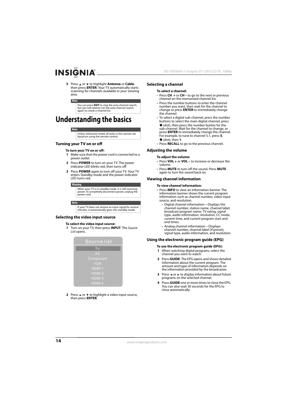 Understanding the basics, Turning your tv on or off, Selecting the video input source | Selecting a channel, Adjusting the volume, Viewing channel information, Using the electronic program guide (epg), E “selecting a channel, Ee “selecting the video input source” o, Ee “viewing channel information” o | Insignia NS-55E560A11 User Manual | Page 18 / 36