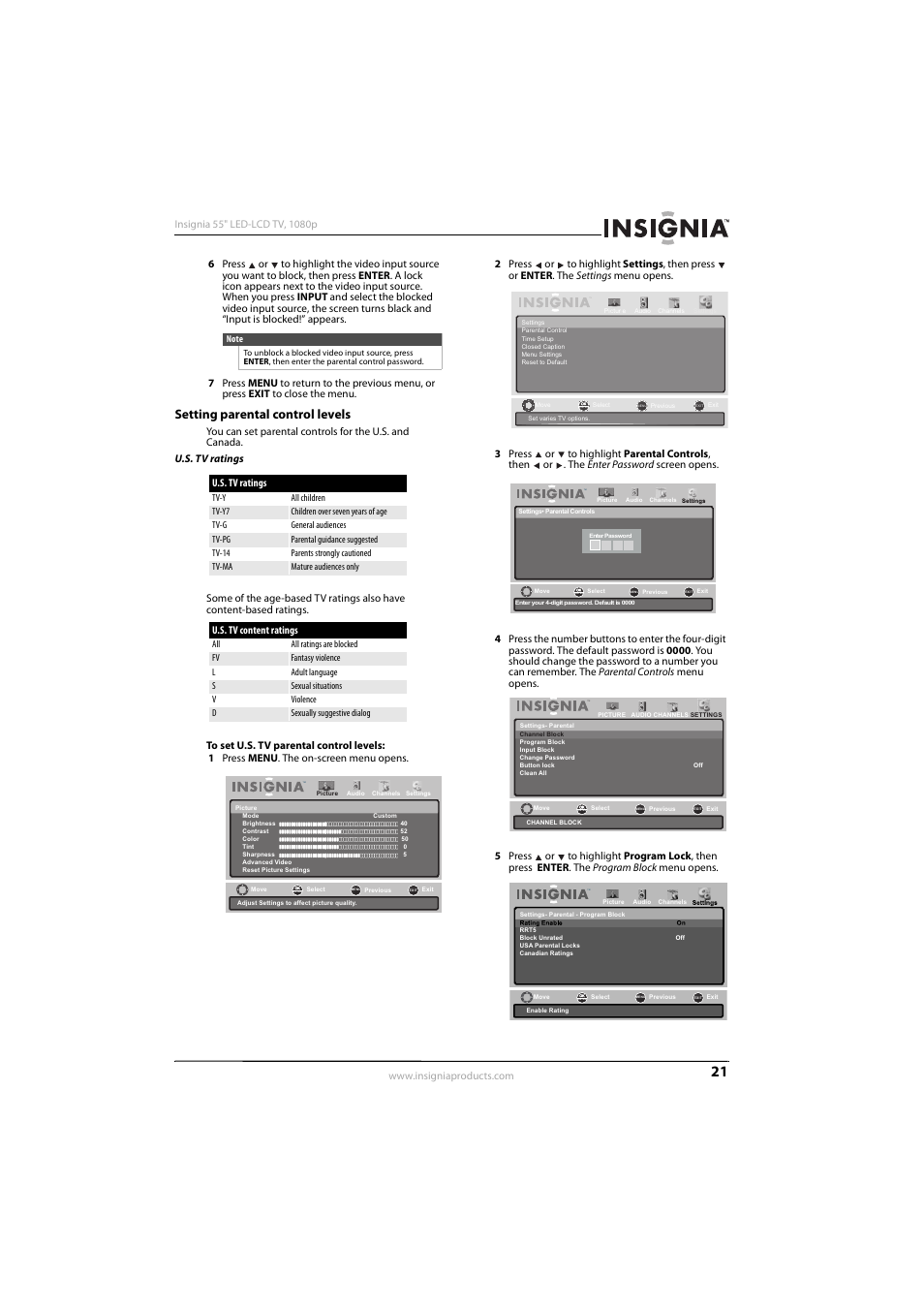 Setting parental control levels, U.s. tv ratings, U.s. tv content ratings | Insignia NS-55E560A11 User Manual | Page 25 / 36