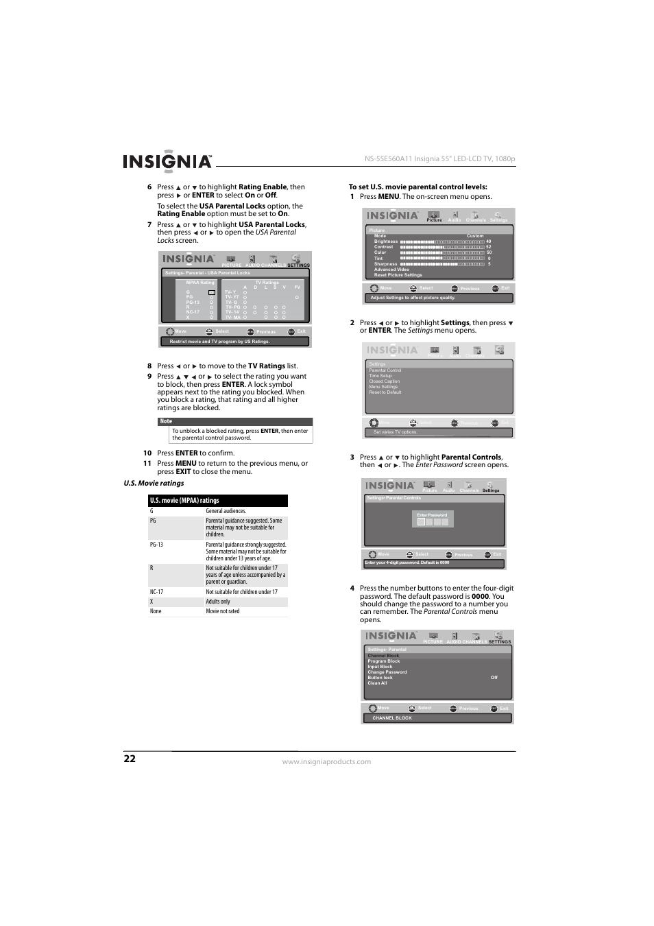 U.s. movie (mpaa) ratings | Insignia NS-55E560A11 User Manual | Page 26 / 36