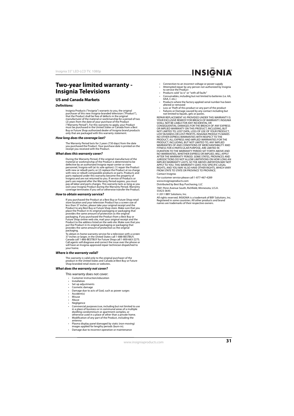 Two-year limited warranty - insignia televisions, Us and canada markets | Insignia NS-55E560A11 User Manual | Page 35 / 36