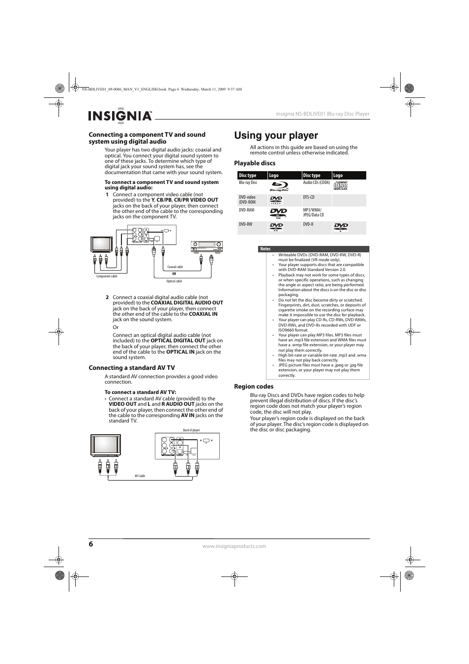 Using your player | Insignia NS-BDLIVE01 User Manual | Page 10 / 36