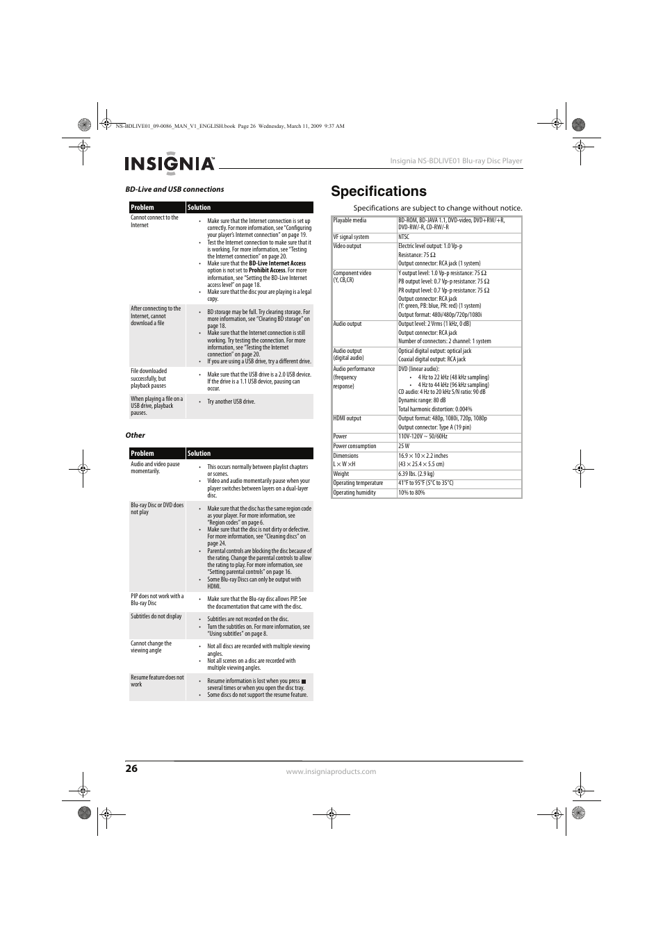 Specifications | Insignia NS-BDLIVE01 User Manual | Page 30 / 36