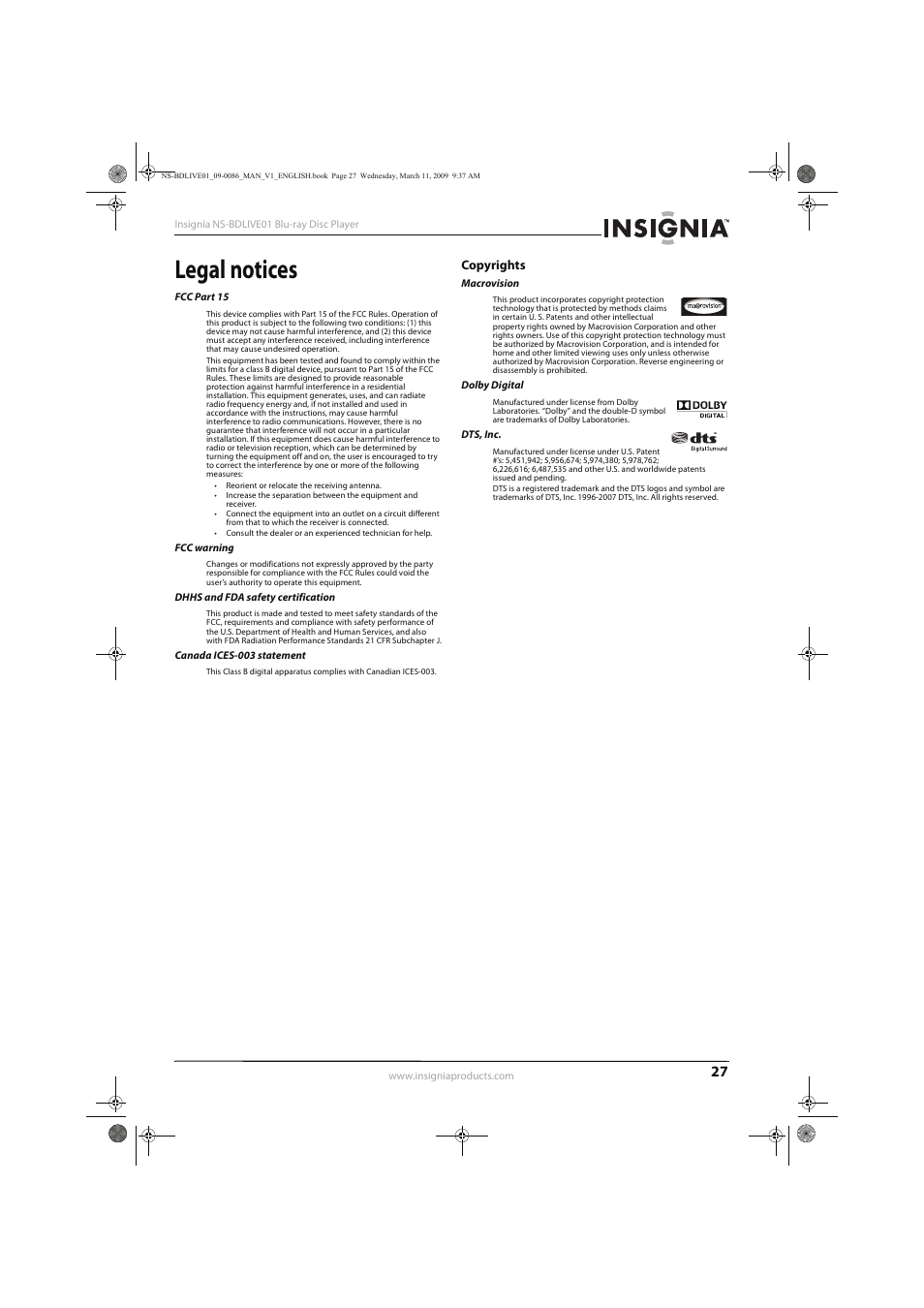 Legal notices | Insignia NS-BDLIVE01 User Manual | Page 31 / 36