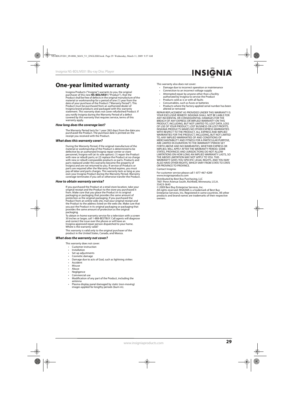 One-year limited warranty | Insignia NS-BDLIVE01 User Manual | Page 33 / 36