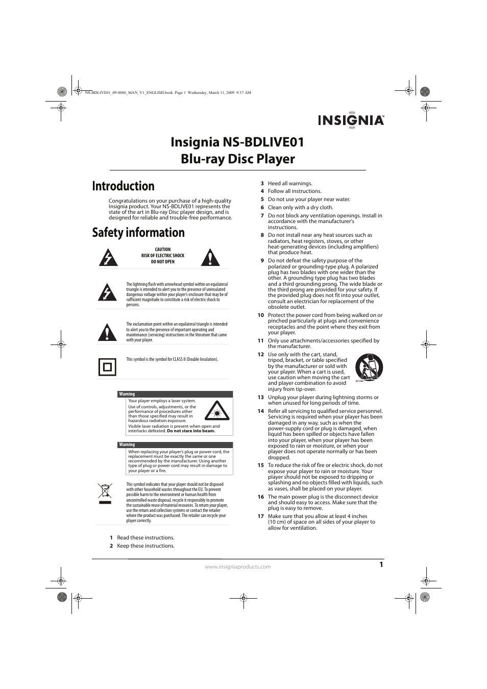 Safety information | Insignia NS-BDLIVE01 User Manual | Page 5 / 36