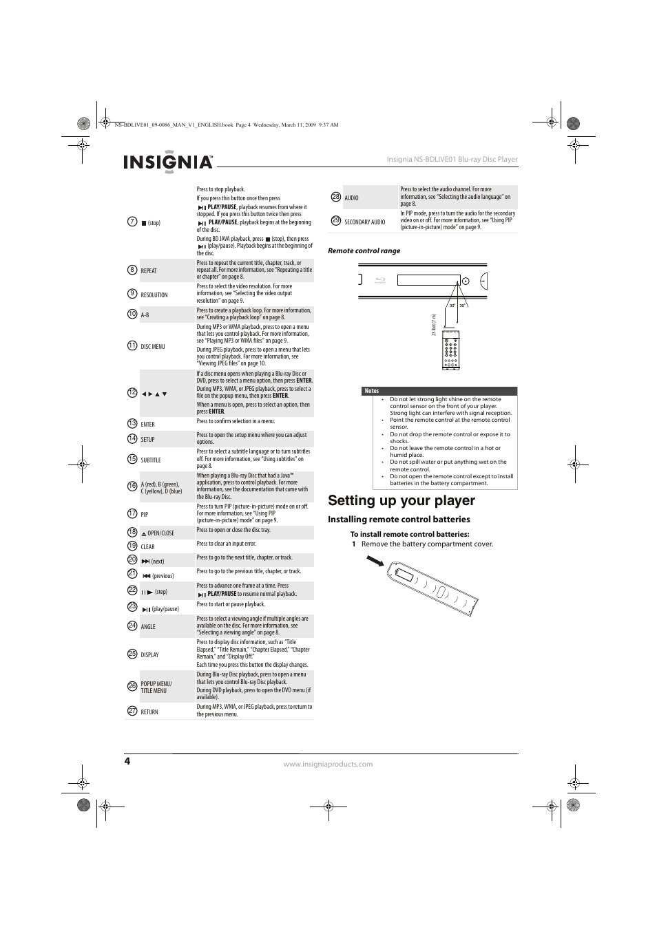 Setting up your player | Insignia NS-BDLIVE01 User Manual | Page 8 / 36