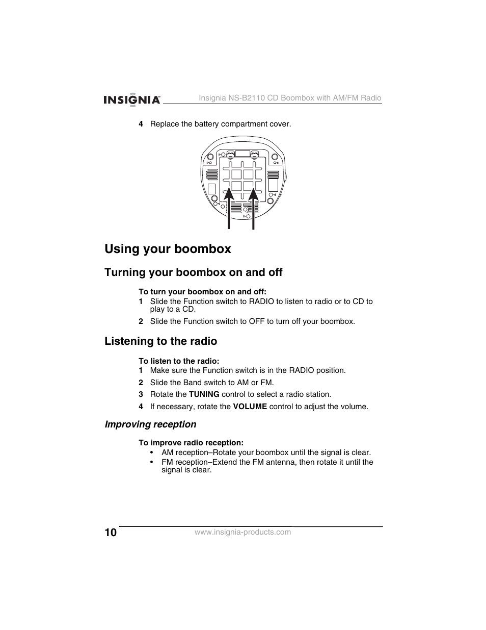 Using your boombox, Turning your boombox on and off, Listening to the radio | Insignia NS-B2110 User Manual | Page 10 / 58