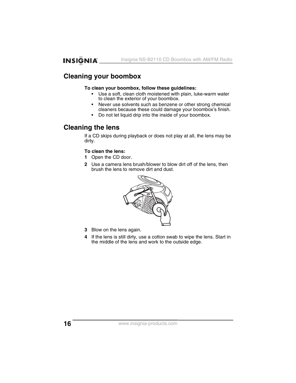 Cleaning your boombox, Cleaning the lens | Insignia NS-B2110 User Manual | Page 16 / 58