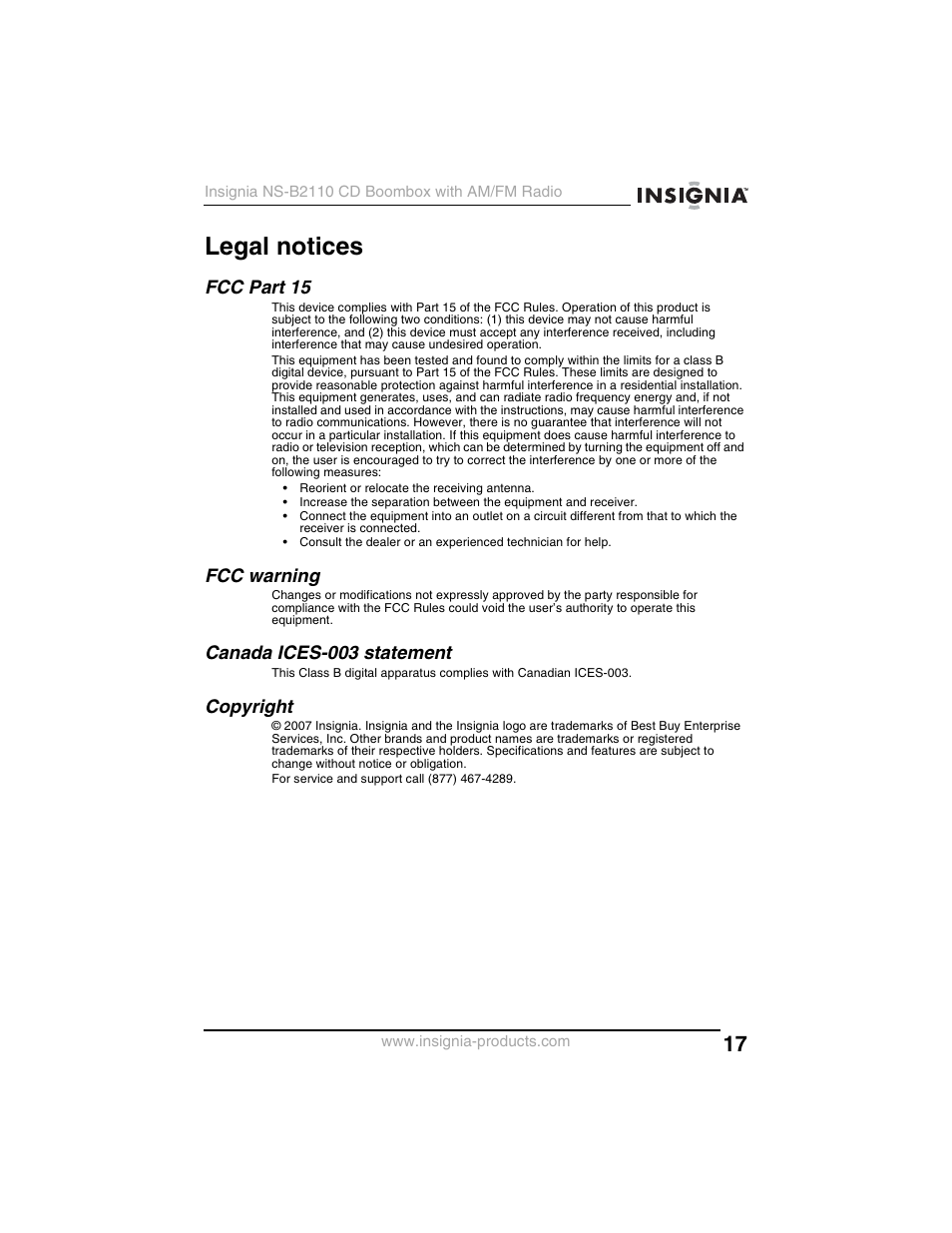 Legal notices, Fcc part 15, Fcc warning | Canada ices-003 statement, Copyright | Insignia NS-B2110 User Manual | Page 17 / 58