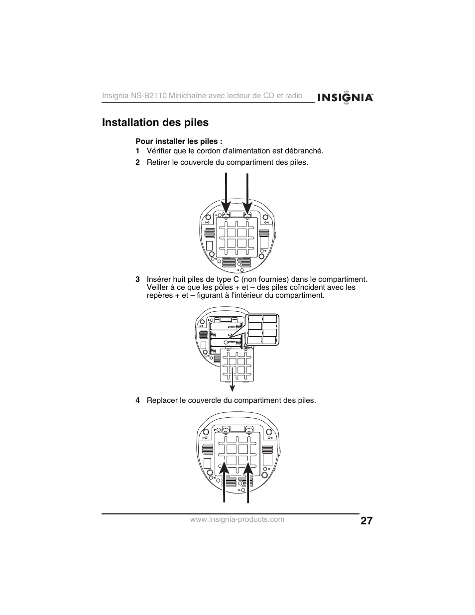 Installation des piles | Insignia NS-B2110 User Manual | Page 27 / 58