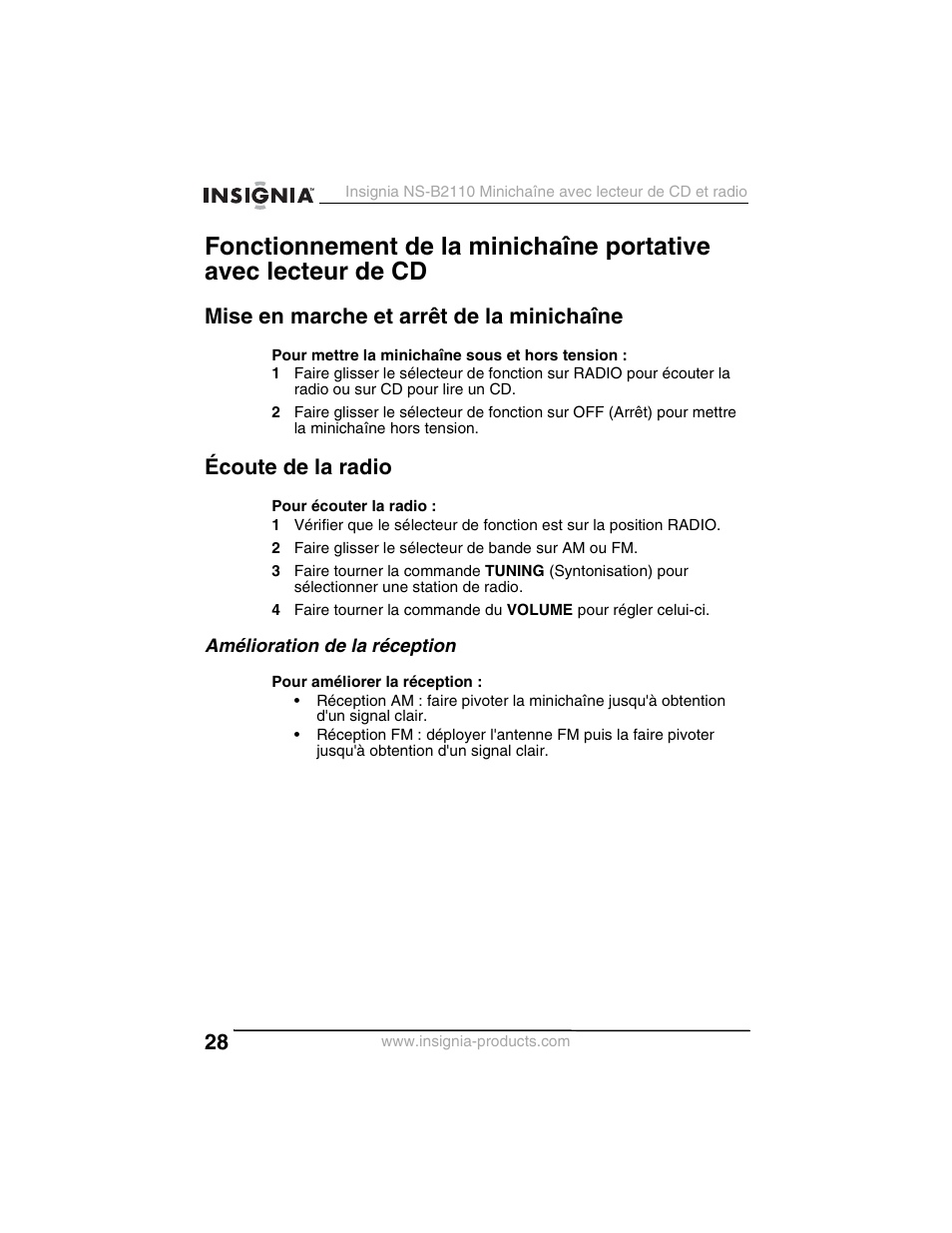 Mise en marche et arrêt de la minichaîne, Écoute de la radio | Insignia NS-B2110 User Manual | Page 28 / 58