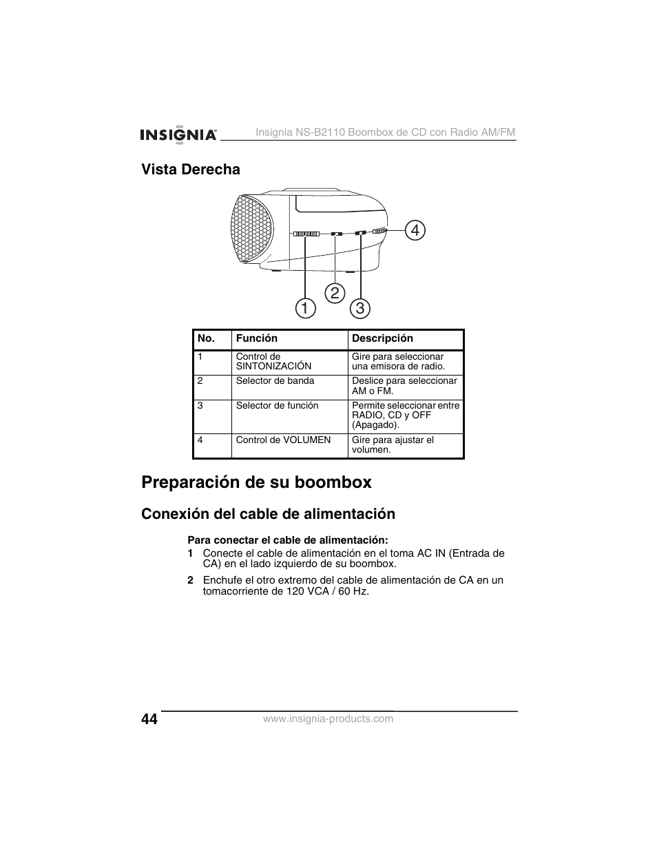 Preparación de su boombox, Vista derecha, Conexión del cable de alimentación | Insignia NS-B2110 User Manual | Page 44 / 58