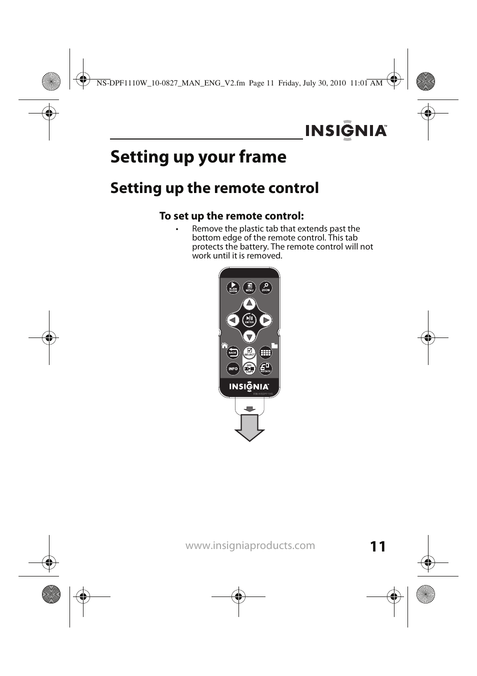 Setting up your frame, Setting up the remote control | Insignia NS-DPF1110W User Manual | Page 11 / 40