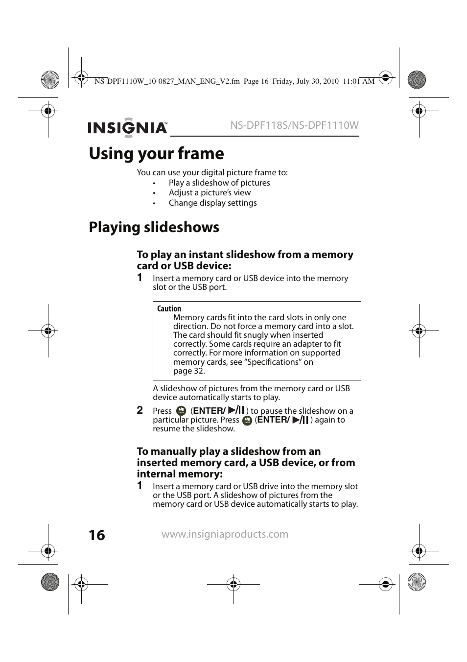 Using your frame, Playing slideshows | Insignia NS-DPF1110W User Manual | Page 16 / 40