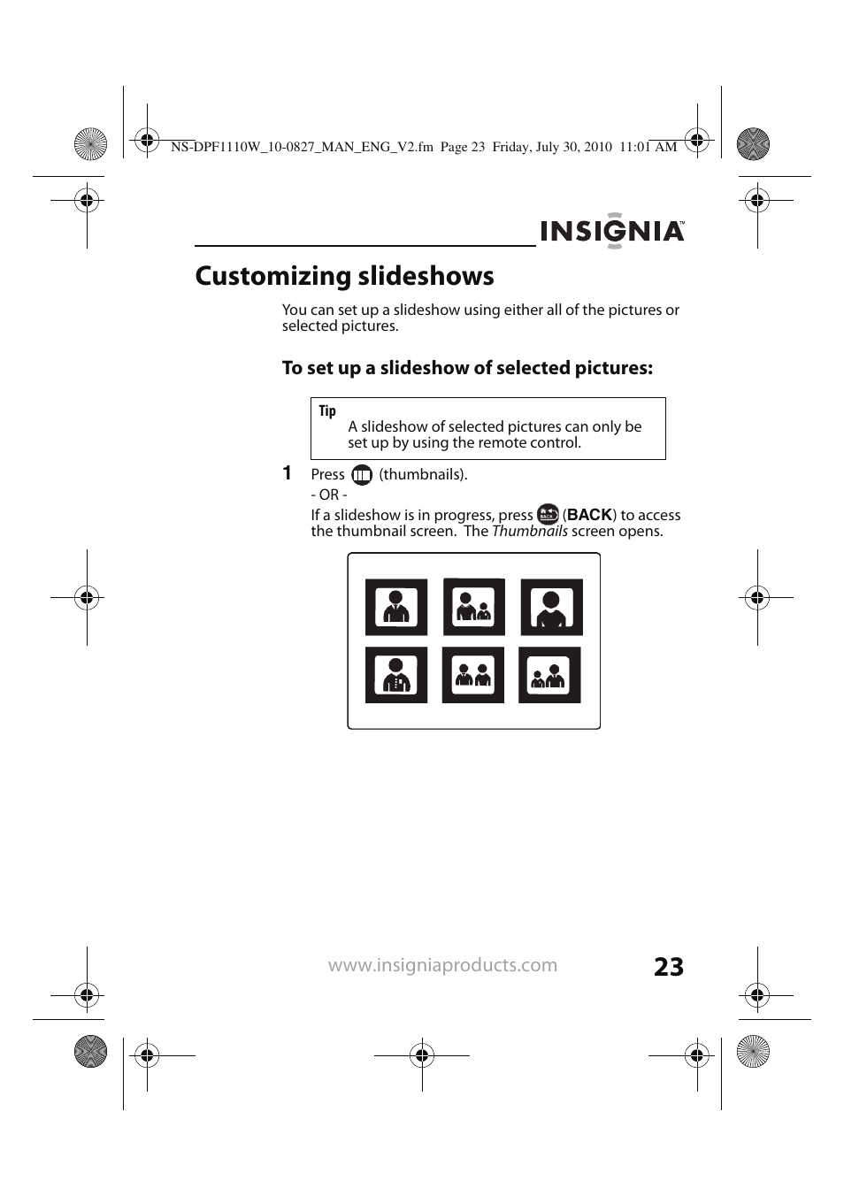 Customizing slideshows | Insignia NS-DPF1110W User Manual | Page 23 / 40