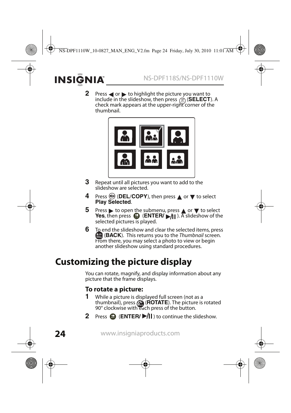 Customizing the picture display | Insignia NS-DPF1110W User Manual | Page 24 / 40
