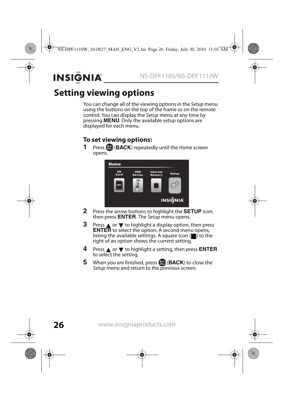 Setting viewing options | Insignia NS-DPF1110W User Manual | Page 26 / 40