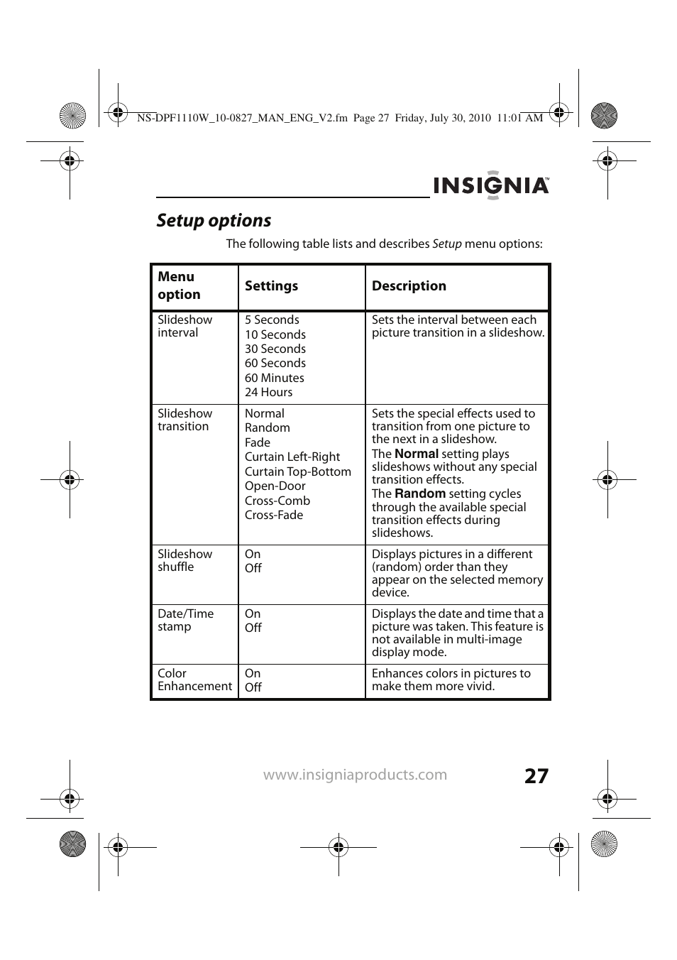 Setup options | Insignia NS-DPF1110W User Manual | Page 27 / 40