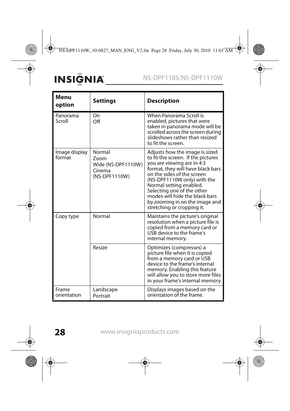 Insignia NS-DPF1110W User Manual | Page 28 / 40