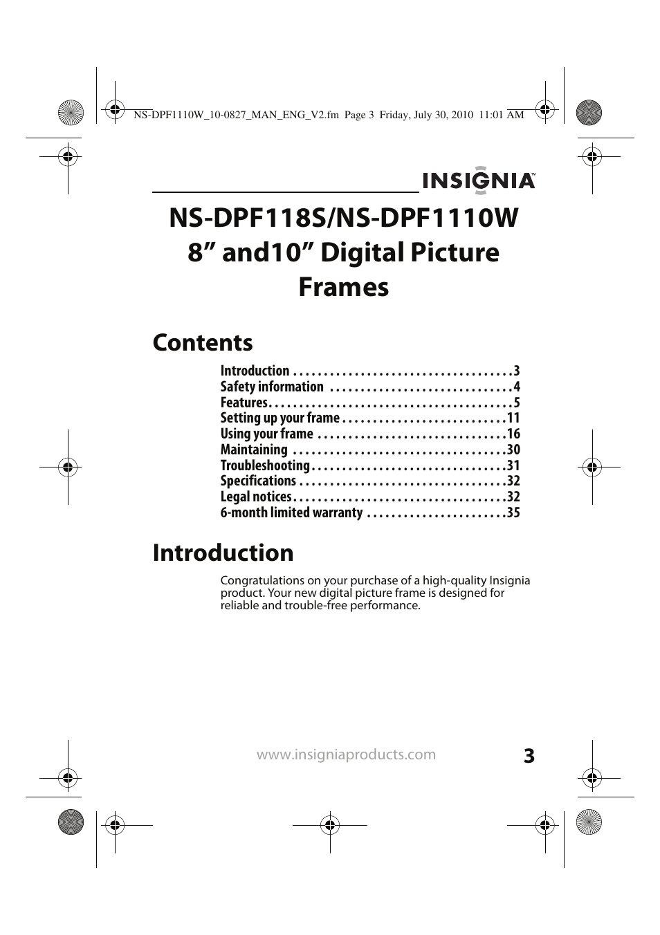 Insignia NS-DPF1110W User Manual | Page 3 / 40