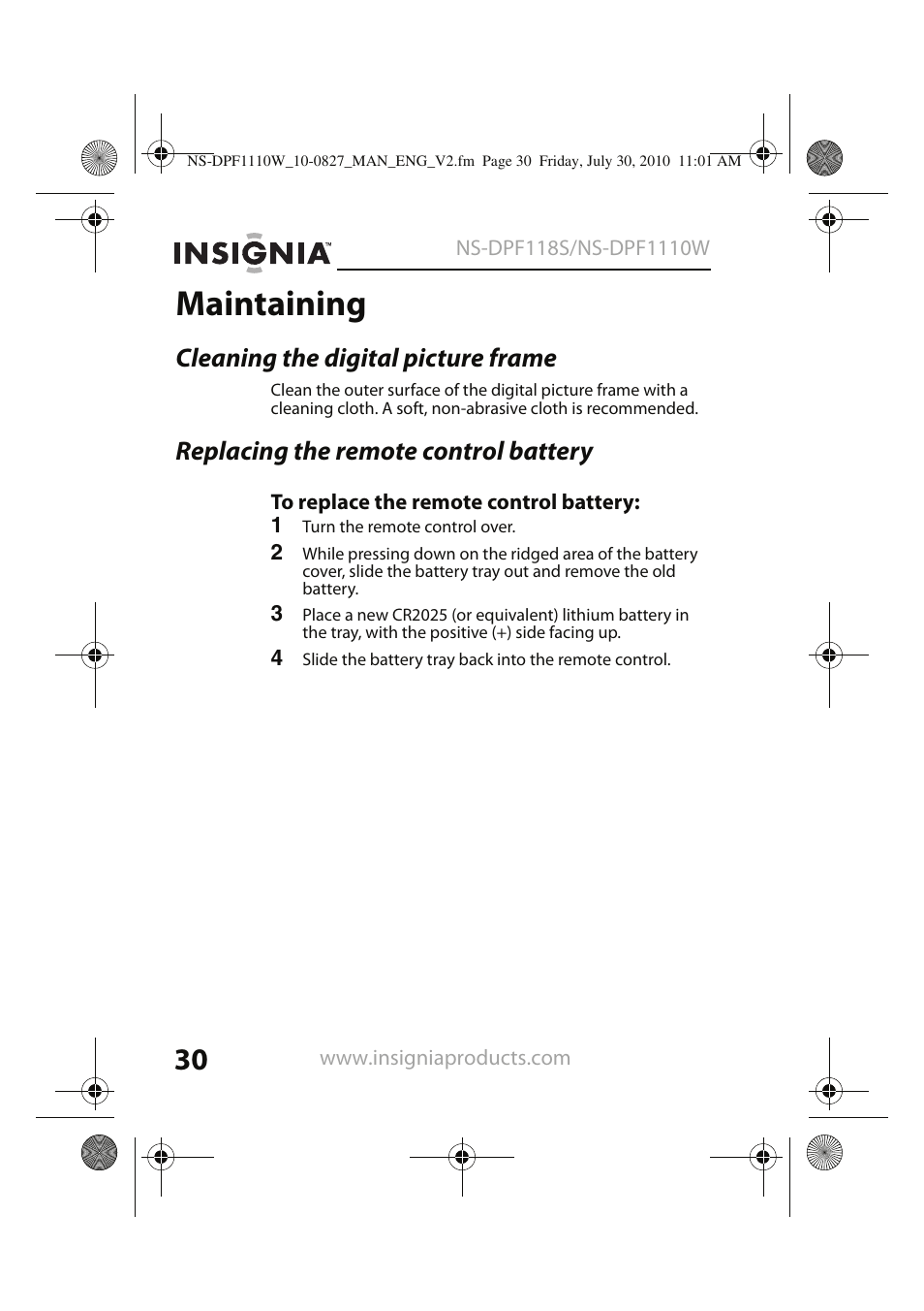 Maintaining, Cleaning the digital picture frame, Replacing the remote control battery | Insignia NS-DPF1110W User Manual | Page 30 / 40