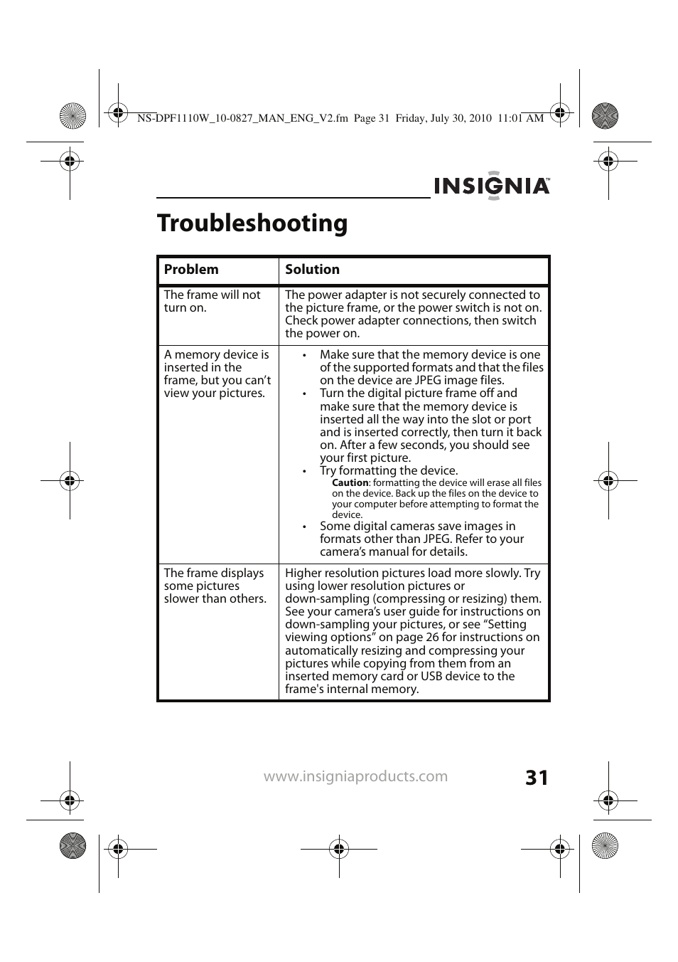 Troubleshooting | Insignia NS-DPF1110W User Manual | Page 31 / 40