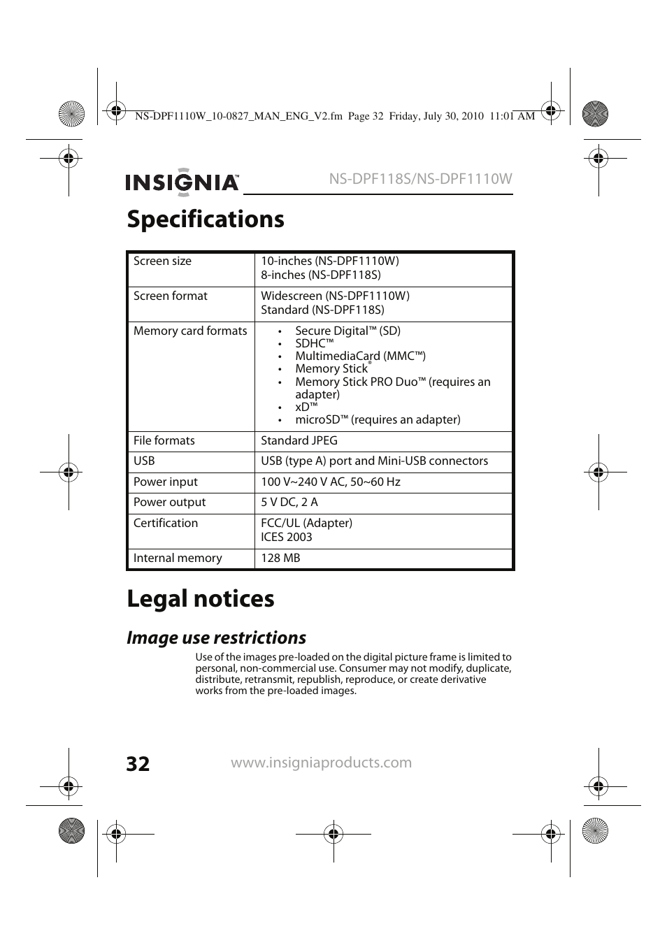 Specifications legal notices, Image use restrictions | Insignia NS-DPF1110W User Manual | Page 32 / 40