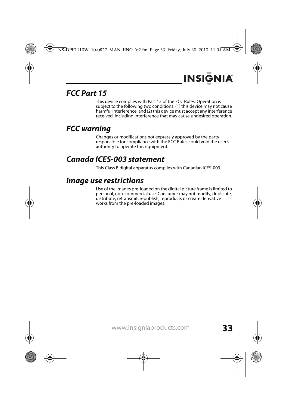 Fcc part 15, Fcc warning, Canada ices-003 statement | Image use restrictions | Insignia NS-DPF1110W User Manual | Page 33 / 40