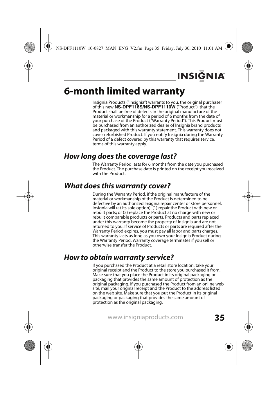 Month limited warranty, How long does the coverage last, What does this warranty cover | How to obtain warranty service | Insignia NS-DPF1110W User Manual | Page 35 / 40