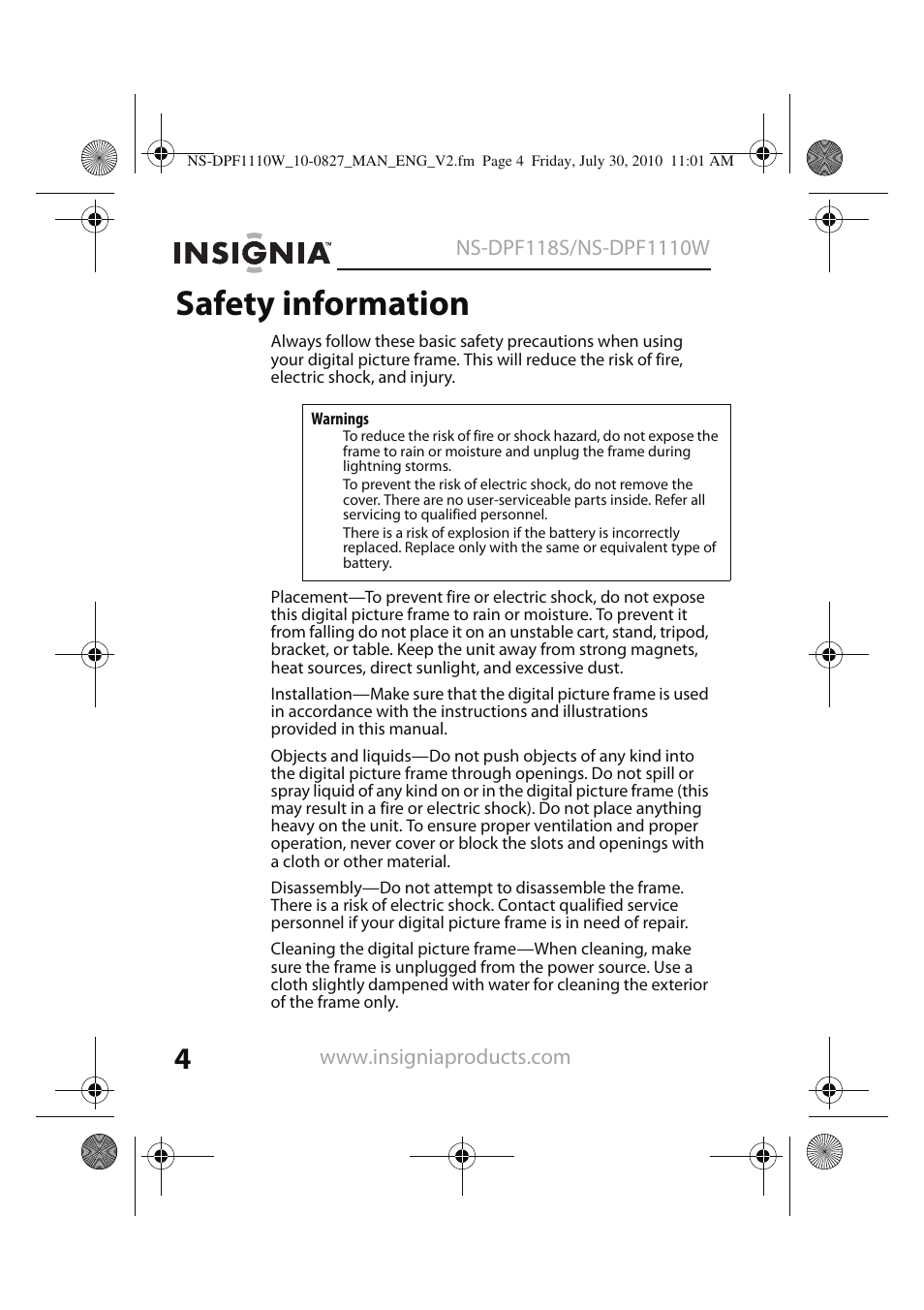 Safety information | Insignia NS-DPF1110W User Manual | Page 4 / 40