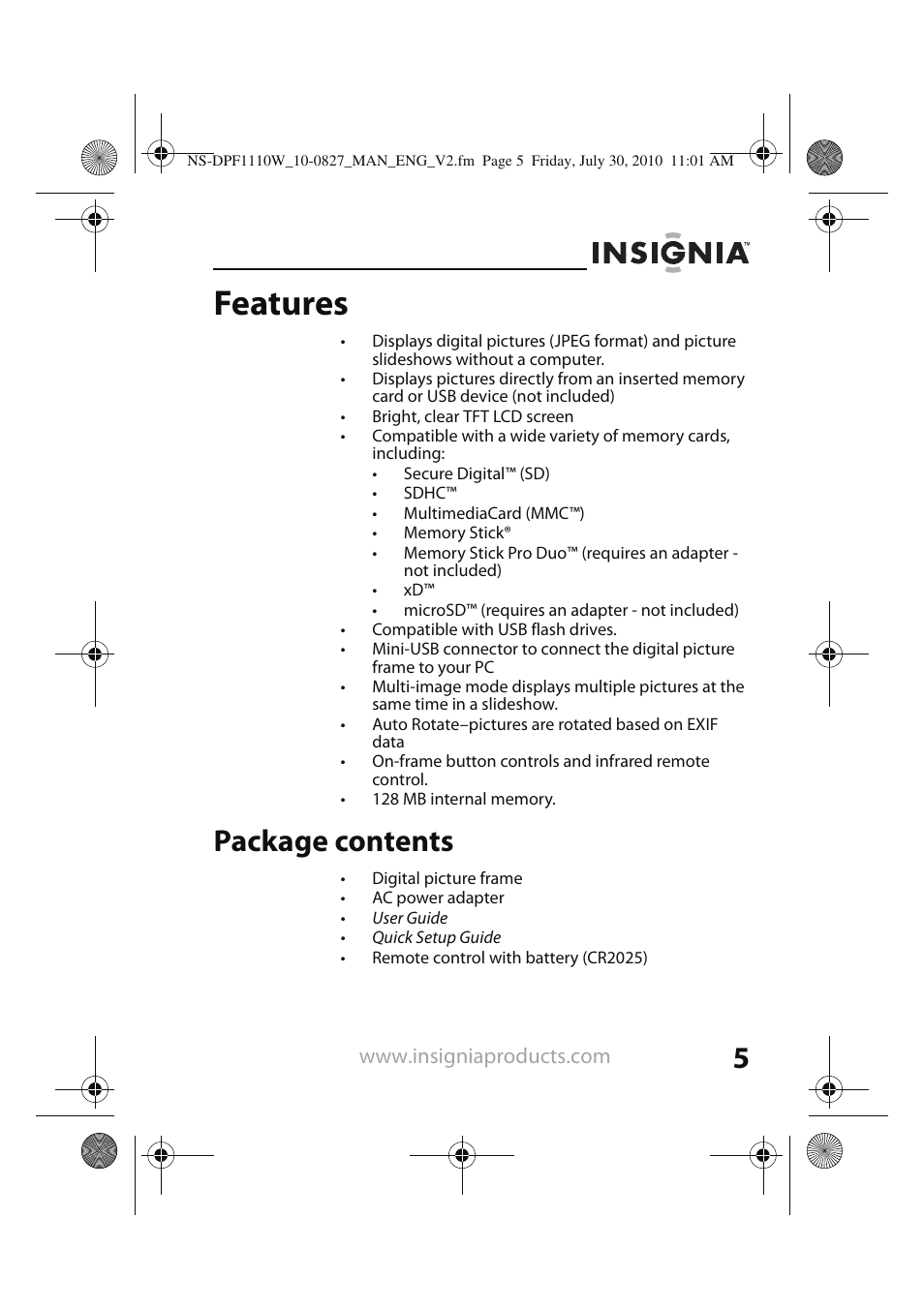 Features, Package contents | Insignia NS-DPF1110W User Manual | Page 5 / 40