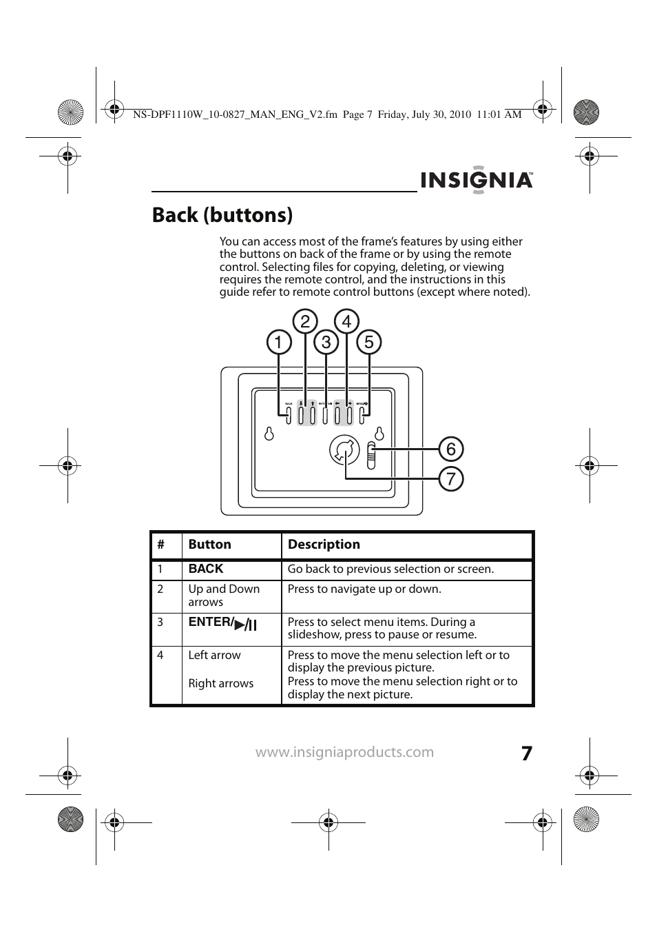 Back (buttons) | Insignia NS-DPF1110W User Manual | Page 7 / 40
