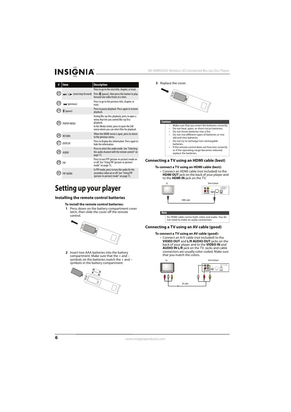 Setting up your player, Installing the remote control batteries, Connecting a tv using an hdmi cable (best) | Connecting a tv using an av cable (good), Connecting a tv using an av cable (good)” on, Ee “connecting a tv using an av cable (good), Ee “connecting a tv using an hdmi cable (best)” on | Insignia NS-WBRDVD3 User Manual | Page 10 / 40
