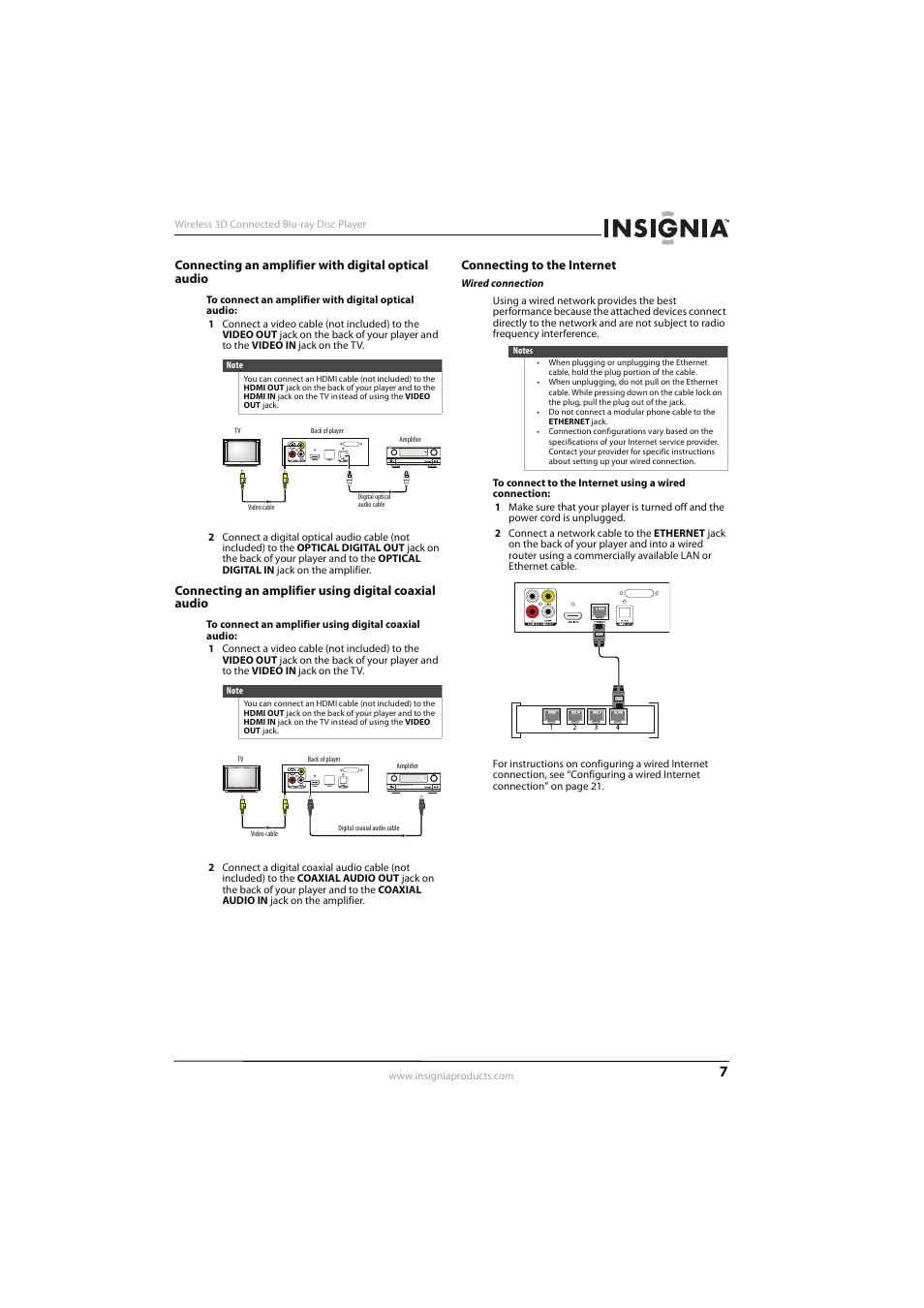 Connecting an amplifier with digital optical audio, Connecting to the internet | Insignia NS-WBRDVD3 User Manual | Page 11 / 40