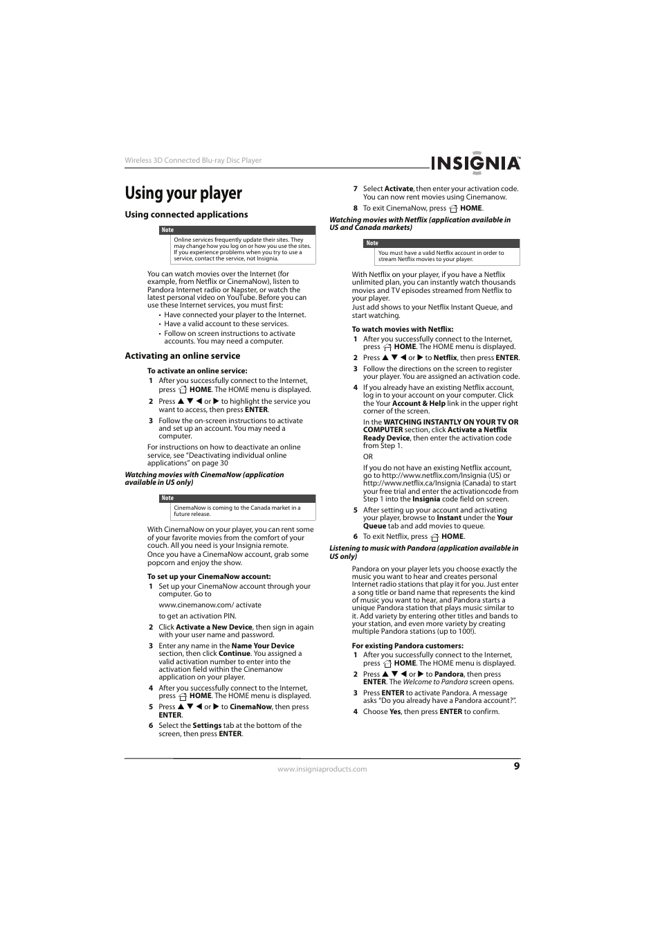 Using your player, Using connected applications, Activating an online service | Insignia NS-WBRDVD3 User Manual | Page 13 / 40