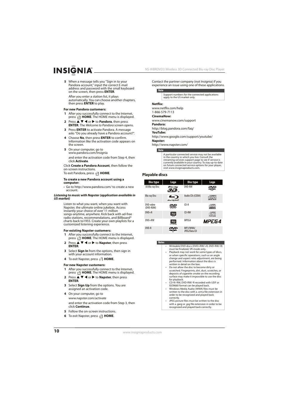 Playable discs | Insignia NS-WBRDVD3 User Manual | Page 14 / 40