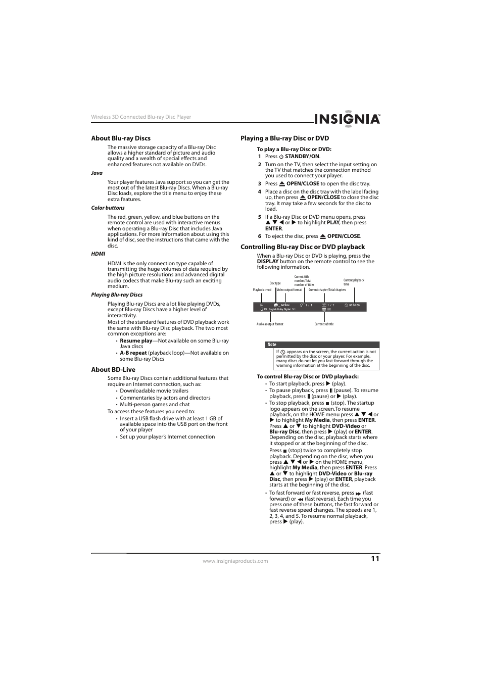 About blu-ray discs, About bd-live, Playing a blu-ray disc or dvd | Controlling blu-ray disc or dvd playback | Insignia NS-WBRDVD3 User Manual | Page 15 / 40